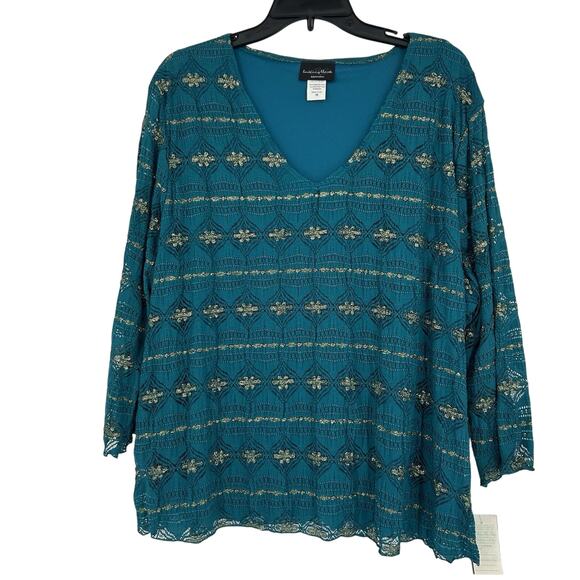 Vintage Brittany Black Boho Lace Top Teal Gold 3/4 Sleeves Stretch Size 3X - Picture 1 of 10